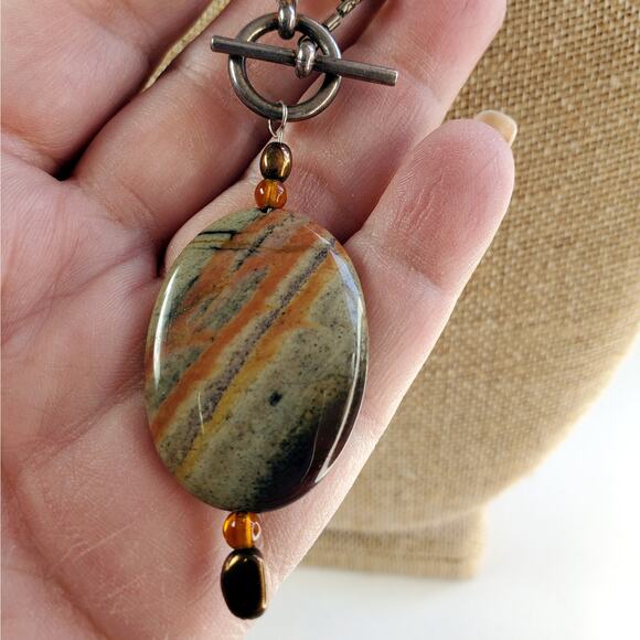 Artisan Picture Jasper Pendant Necklace w Honey Glass Beads & Toggle Clasp - Picture 3 of 7